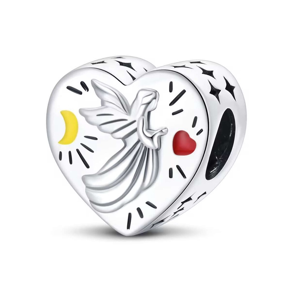 Silver Heart Angel Charm Bead with Yellow Moon & Red Heart Accents
